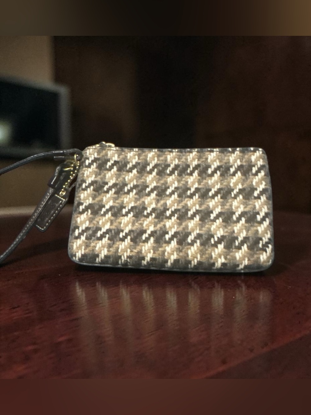 Coach Tweed Houndstooth Wood Wristlet - EUC